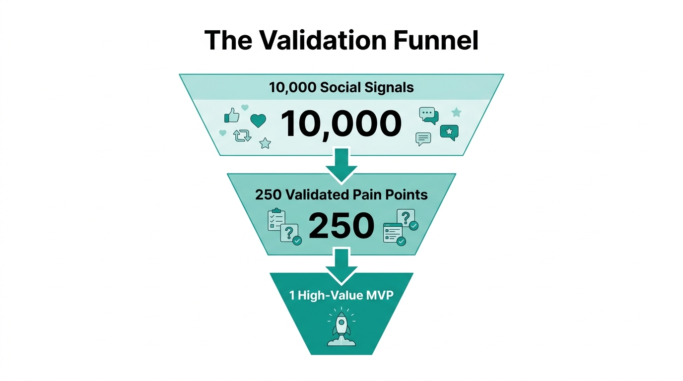 Funnel showing the conversion of raw social data into validated ideas.