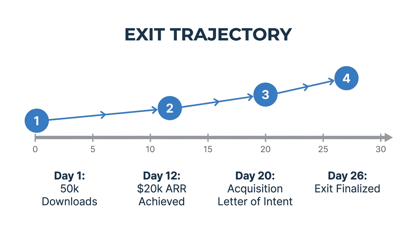 Timeline of the 26-day window from revenue launch to acquisition.