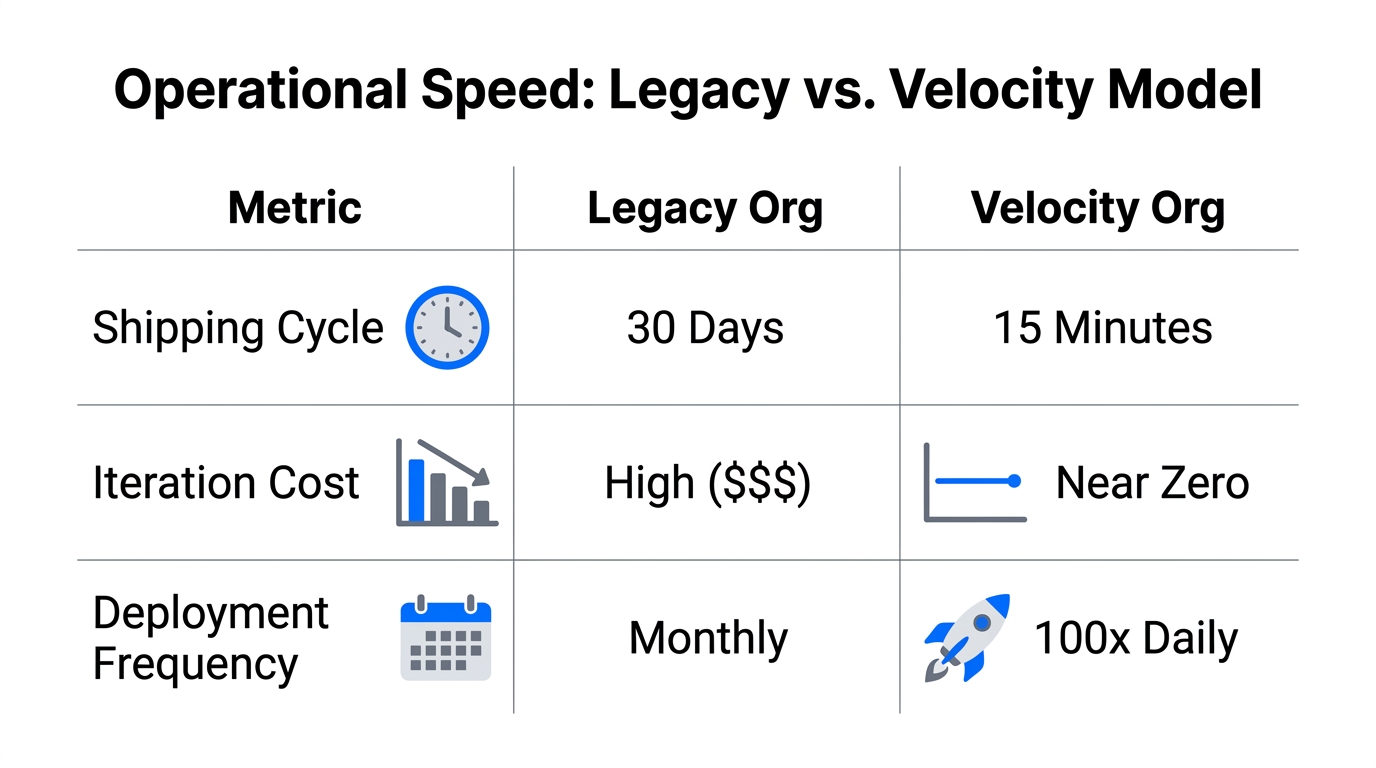 Efficiency comparison between legacy organizations and high-velocity shipping models.