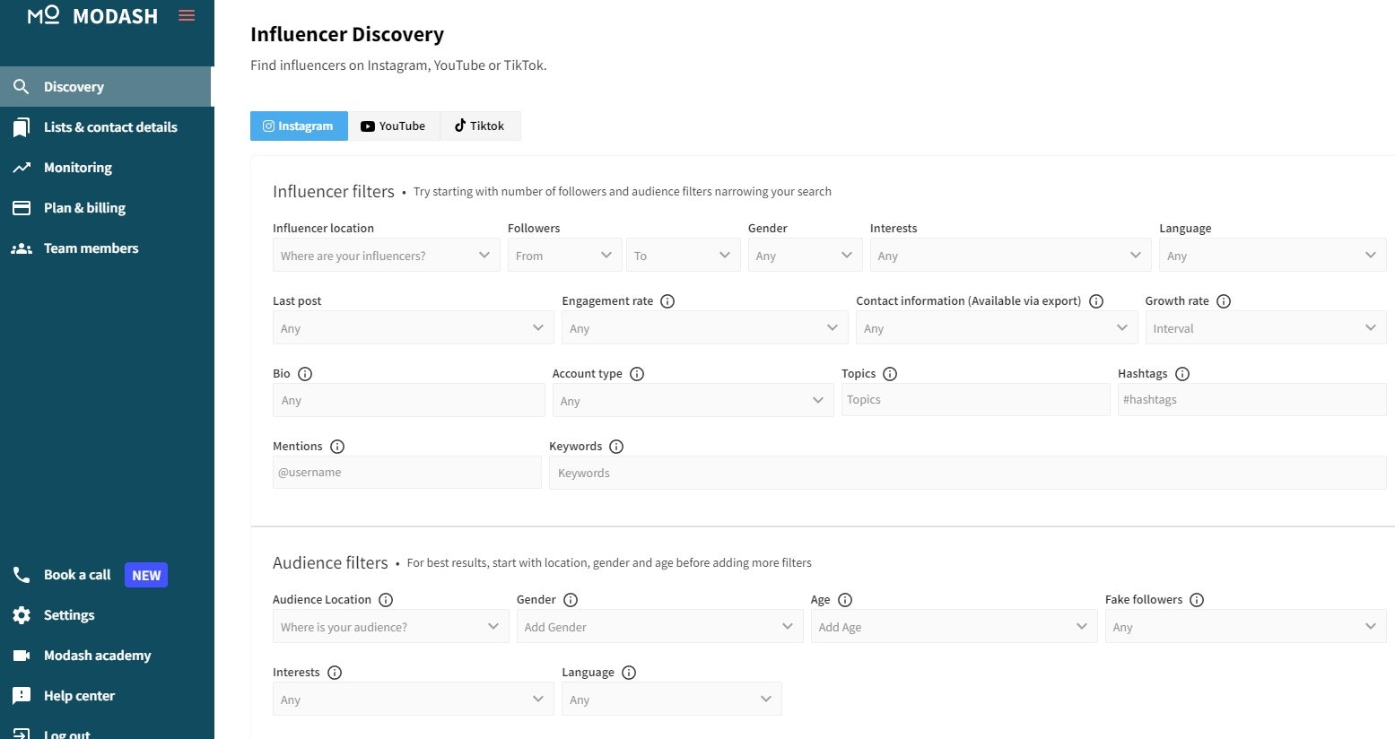 Modash platform dashboard