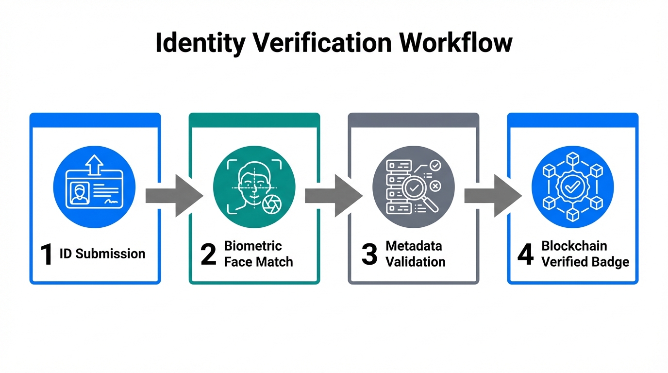 Step-by-step identity verification process using VerifyCreator biometric tools.