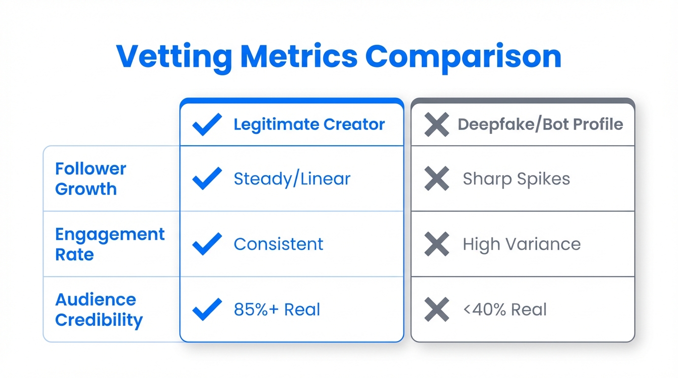 Comparing data metrics between authentic creators and bot-inflated profiles.