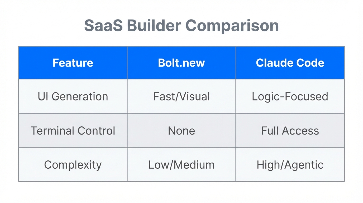 Comparison of features between Bolt.new and Claude Code builders.