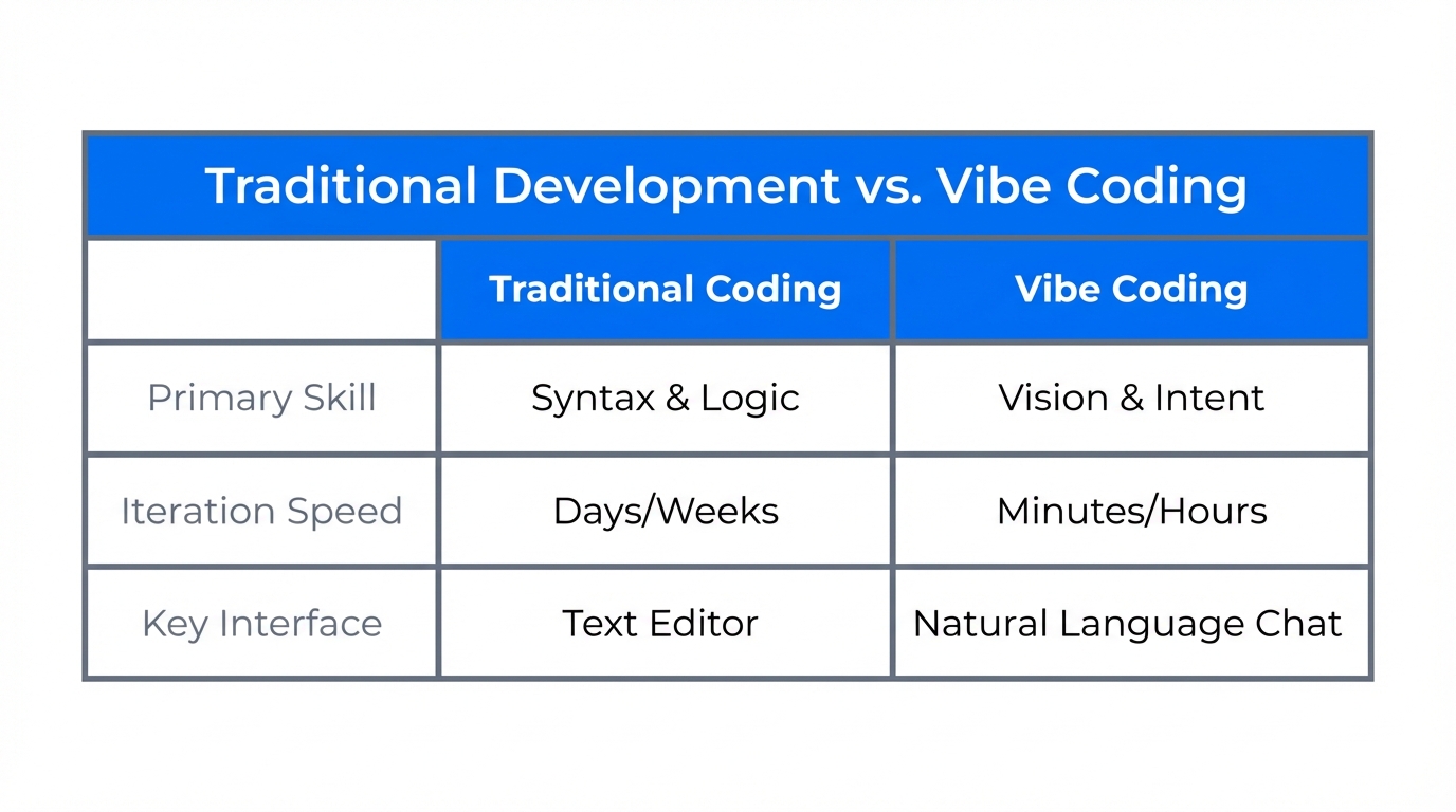 A comparison between traditional software development and AI-driven vibe coding.