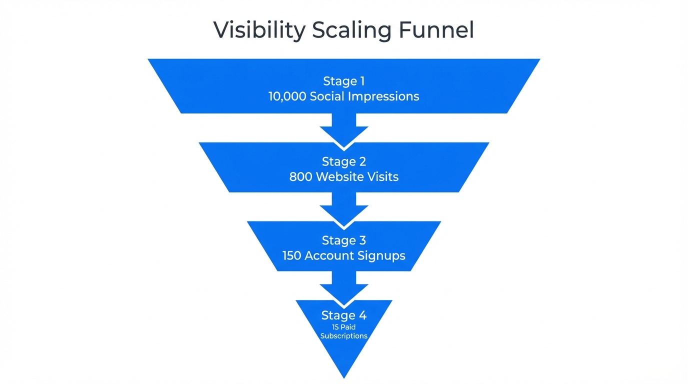 Projected conversion funnel from social visibility to paid users.