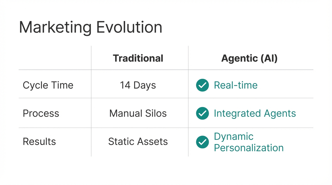 Comparison of traditional marketing cycles versus AI-driven agentic marketing.