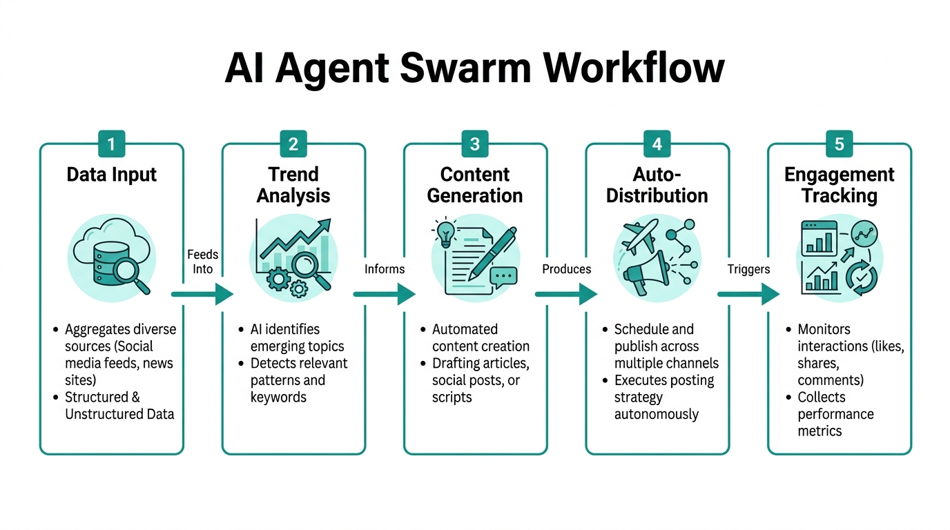 A flowchart demonstrating how AI agent swarms automate marketing tasks.