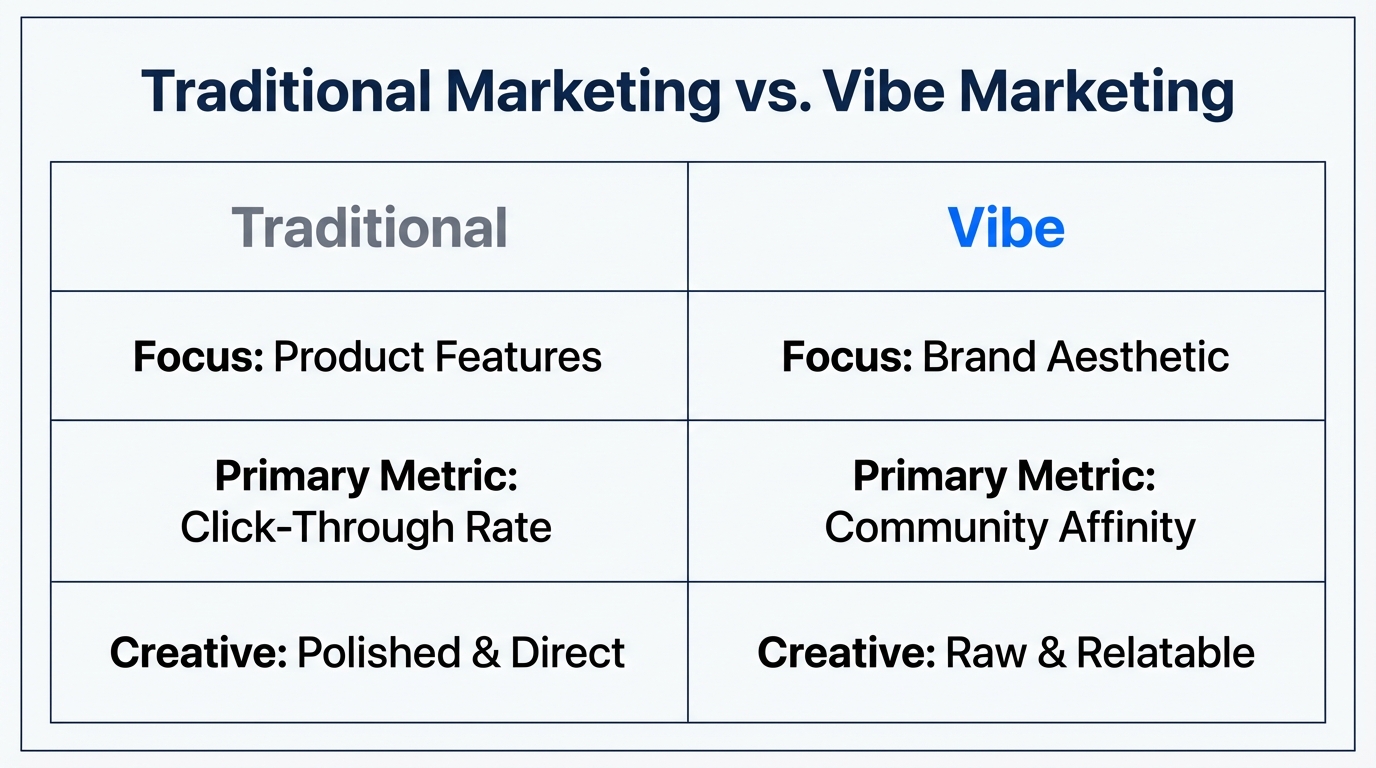 Comparison of key differences between traditional and vibe-based marketing strategies.