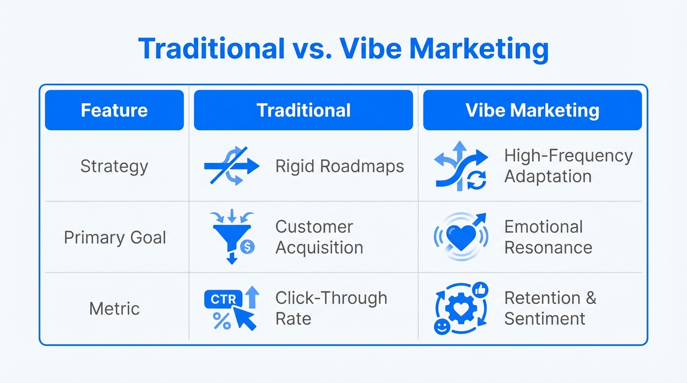 A comparison between traditional marketing metrics and vibe marketing strategies.