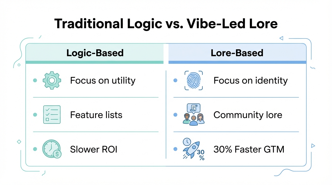 Comparison between traditional feature-focused marketing and modern lore-led brand building.
