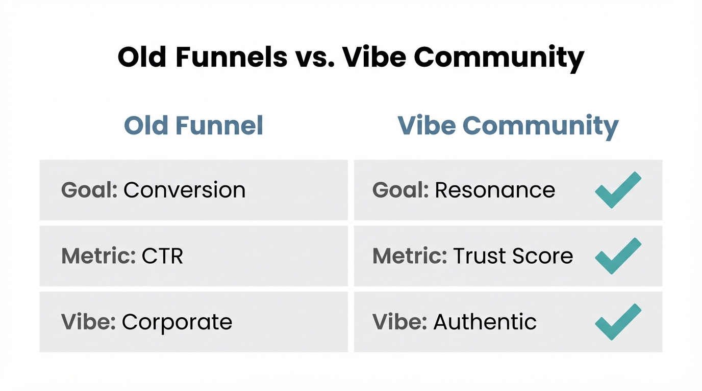 Comparison between traditional sales funnels and community-first vibe marketing.
