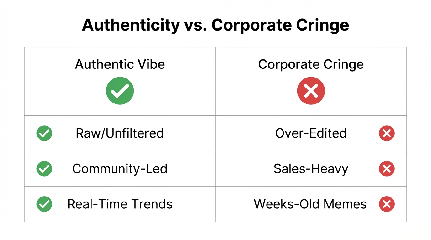 Comparison of authentic marketing elements versus common corporate mistakes.