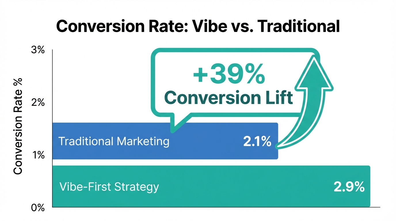 Comparison of conversion rates showing 39% lift from vibe-first strategies.