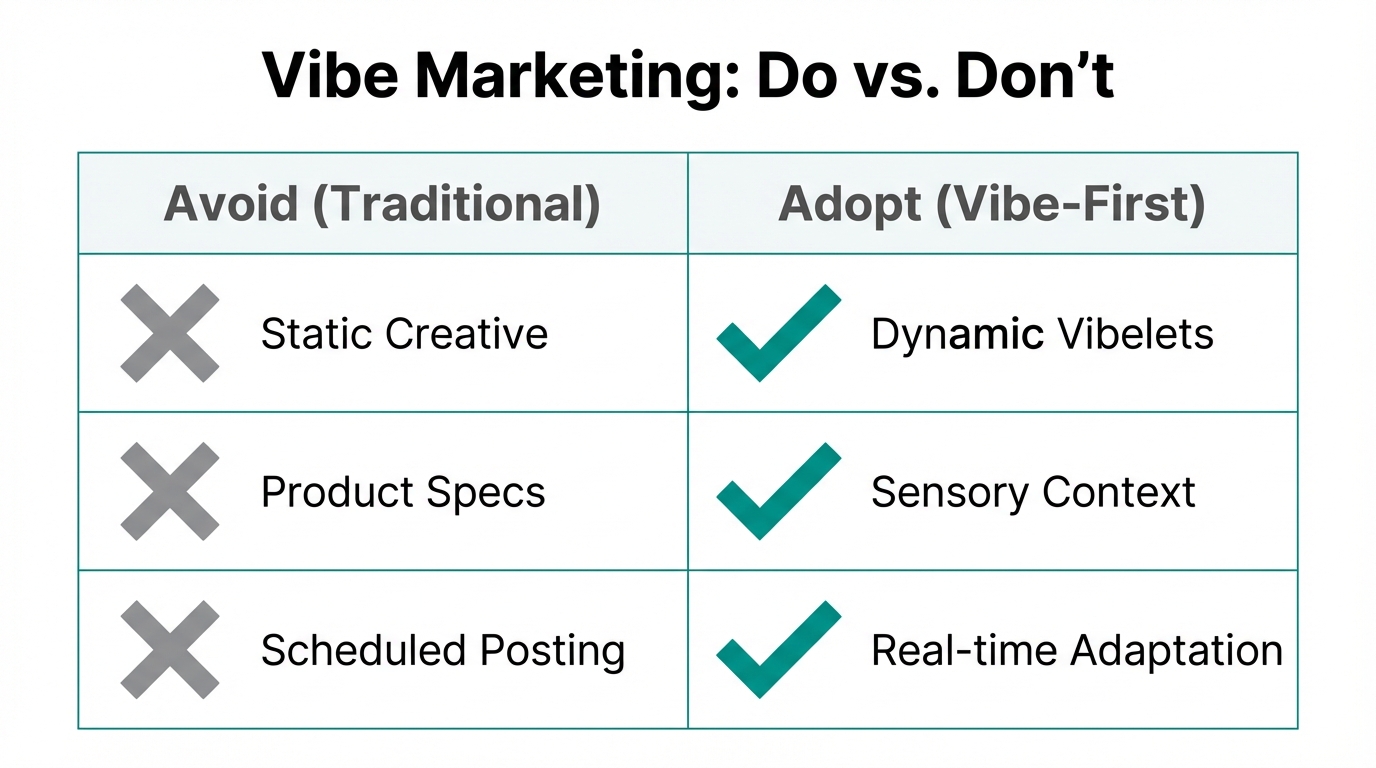 Comparison of traditional marketing mistakes versus modern vibe-first strategies.