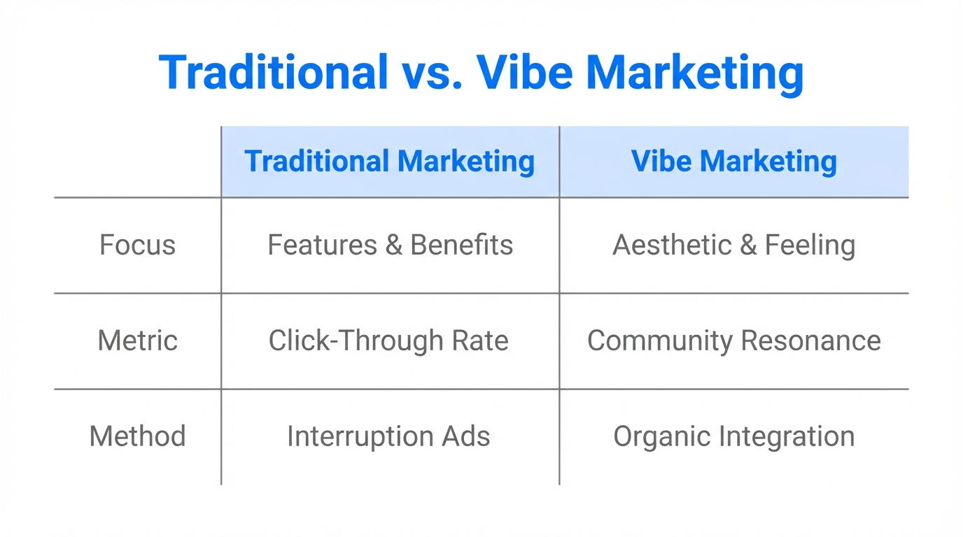 A side-by-side comparison of traditional product-led and modern vibe-led strategies.