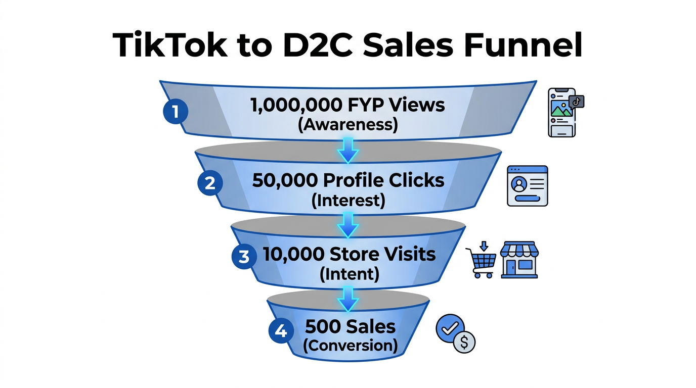 D2C conversion funnel showing metrics from TikTok views to sales.