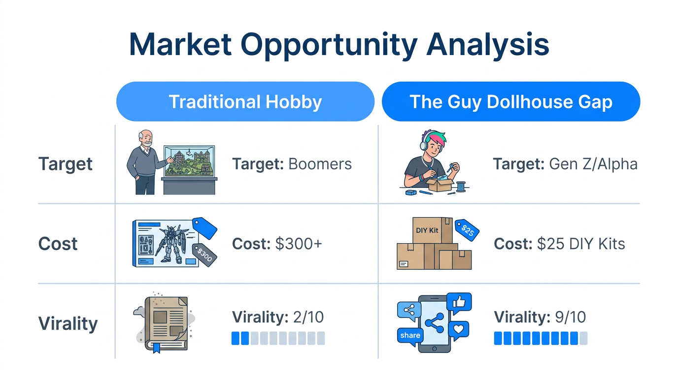 Comparison of traditional hobby markets versus the viral dollhouse niche.