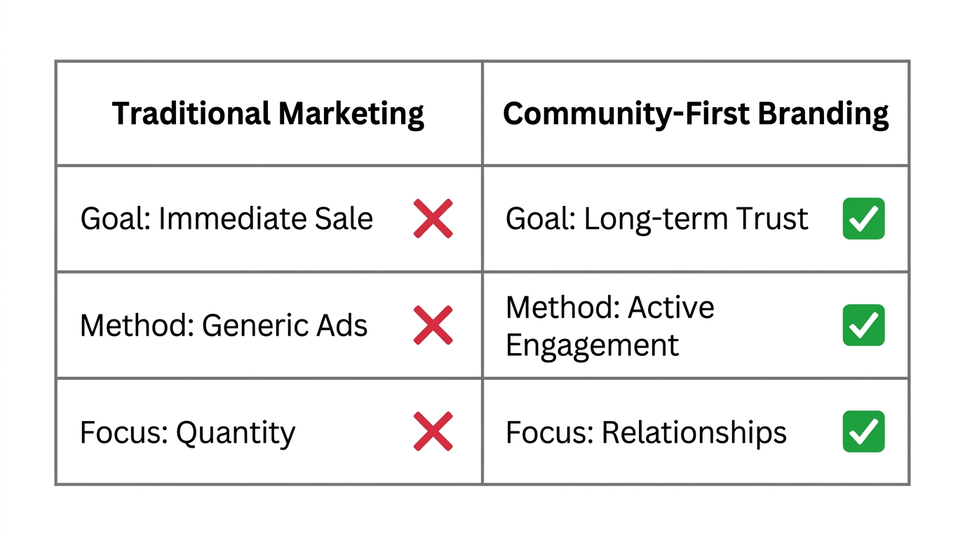 Comparison of traditional sales tactics versus community-first branding strategies.