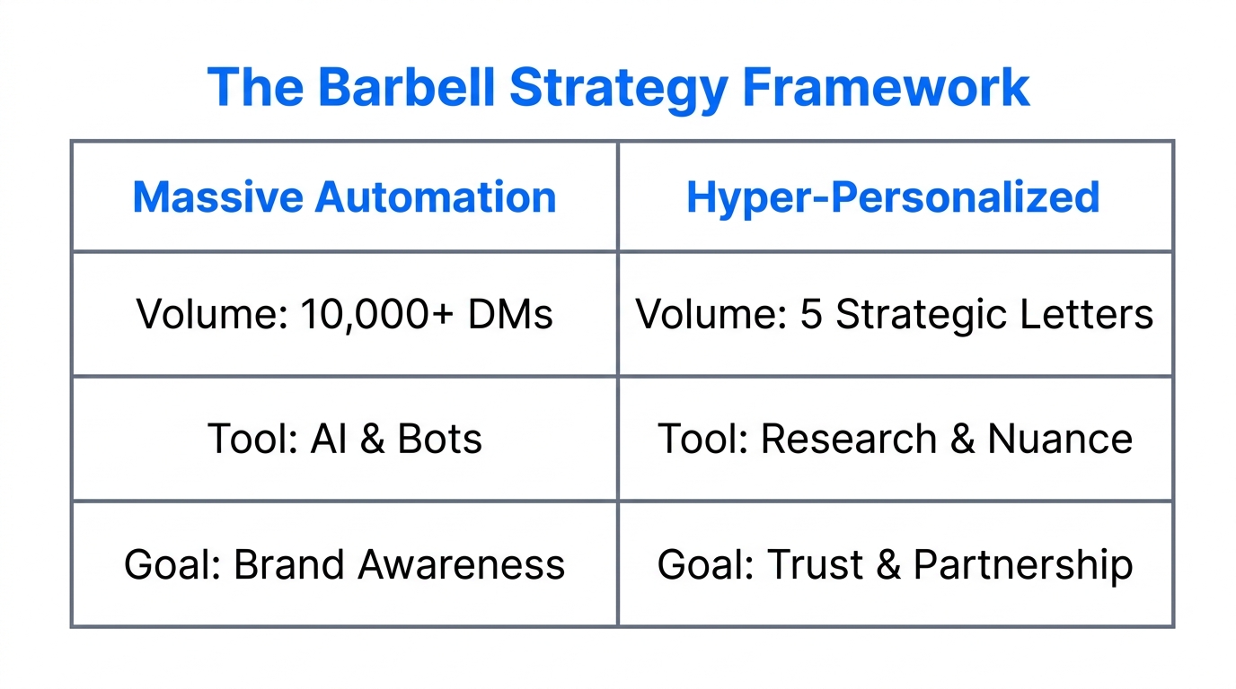 Comparison of high-volume outreach versus niche relationship building.