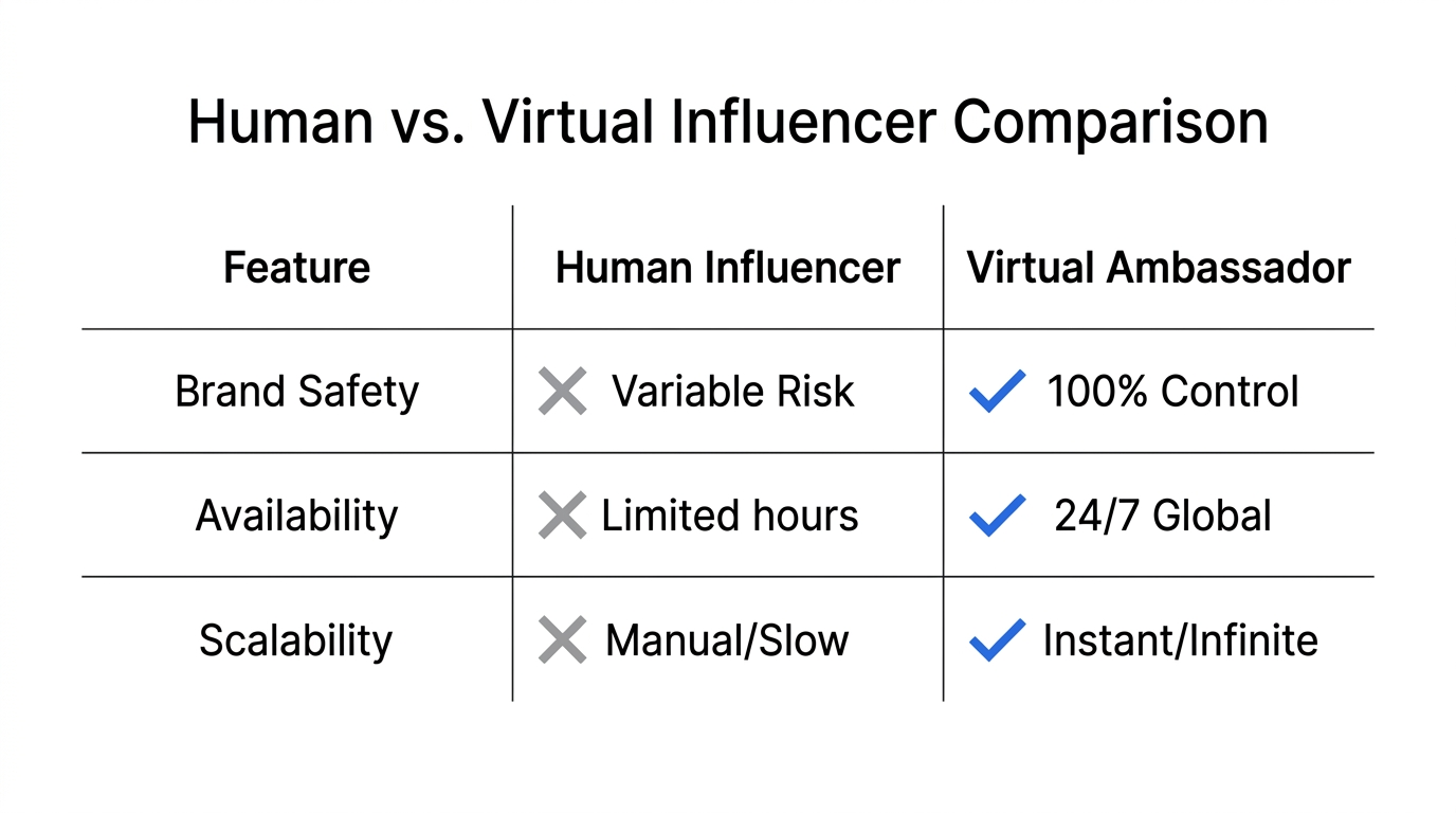 Key differences in safety and scalability between human and virtual influencers.