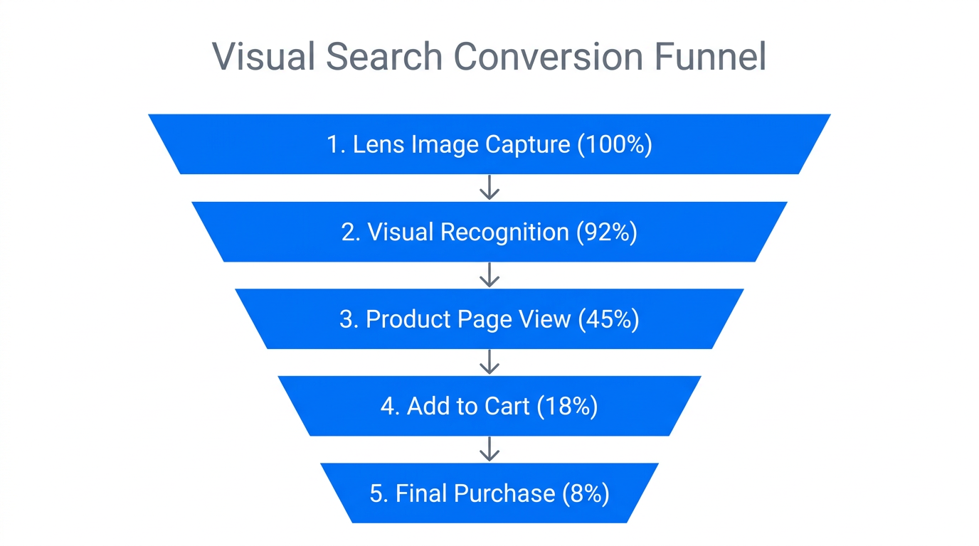 A conversion funnel showing user drop-off points in a Google Lens shopping journey.