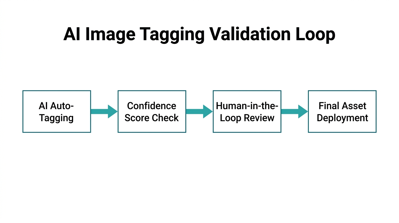 Workflow for validating AI-generated image tags to prevent search hallucinations.