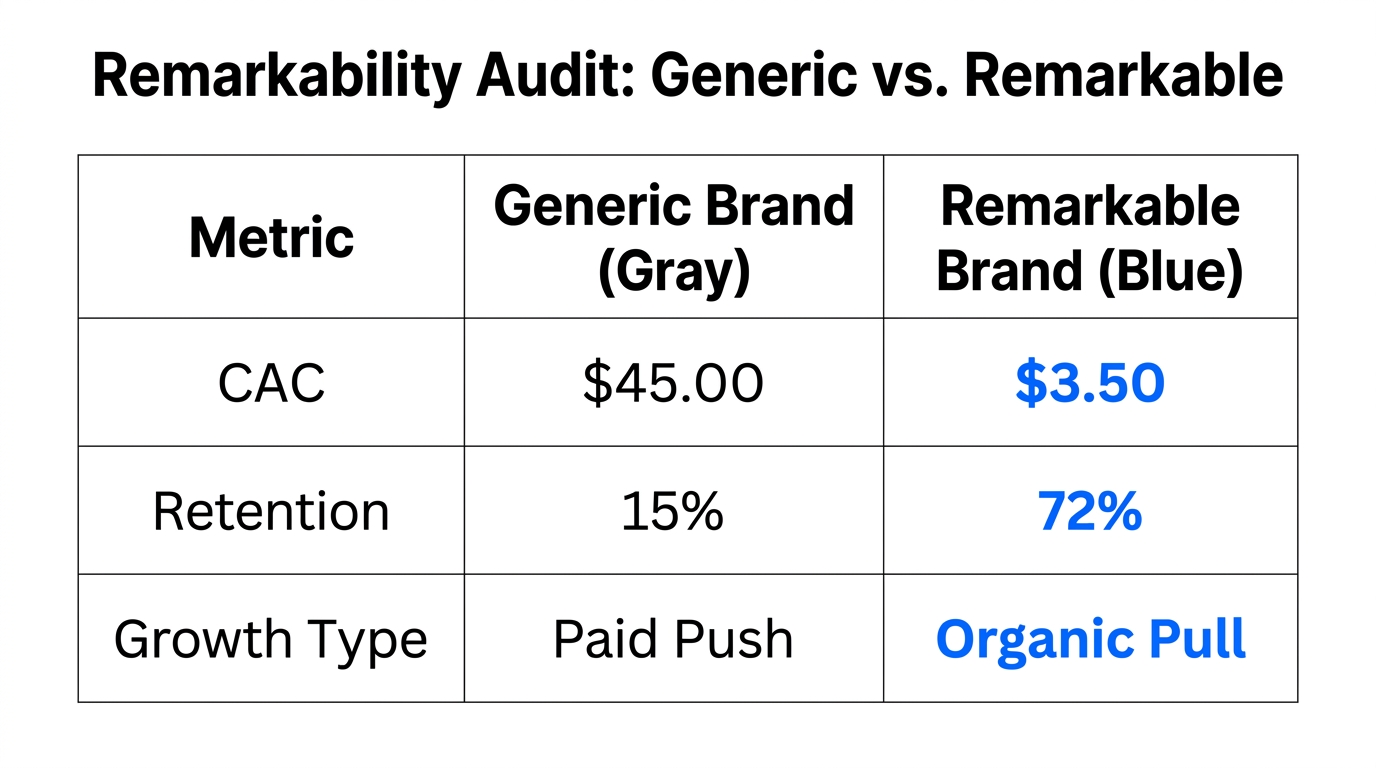 Data comparison between traditional generic marketing and the Remarkability framework.