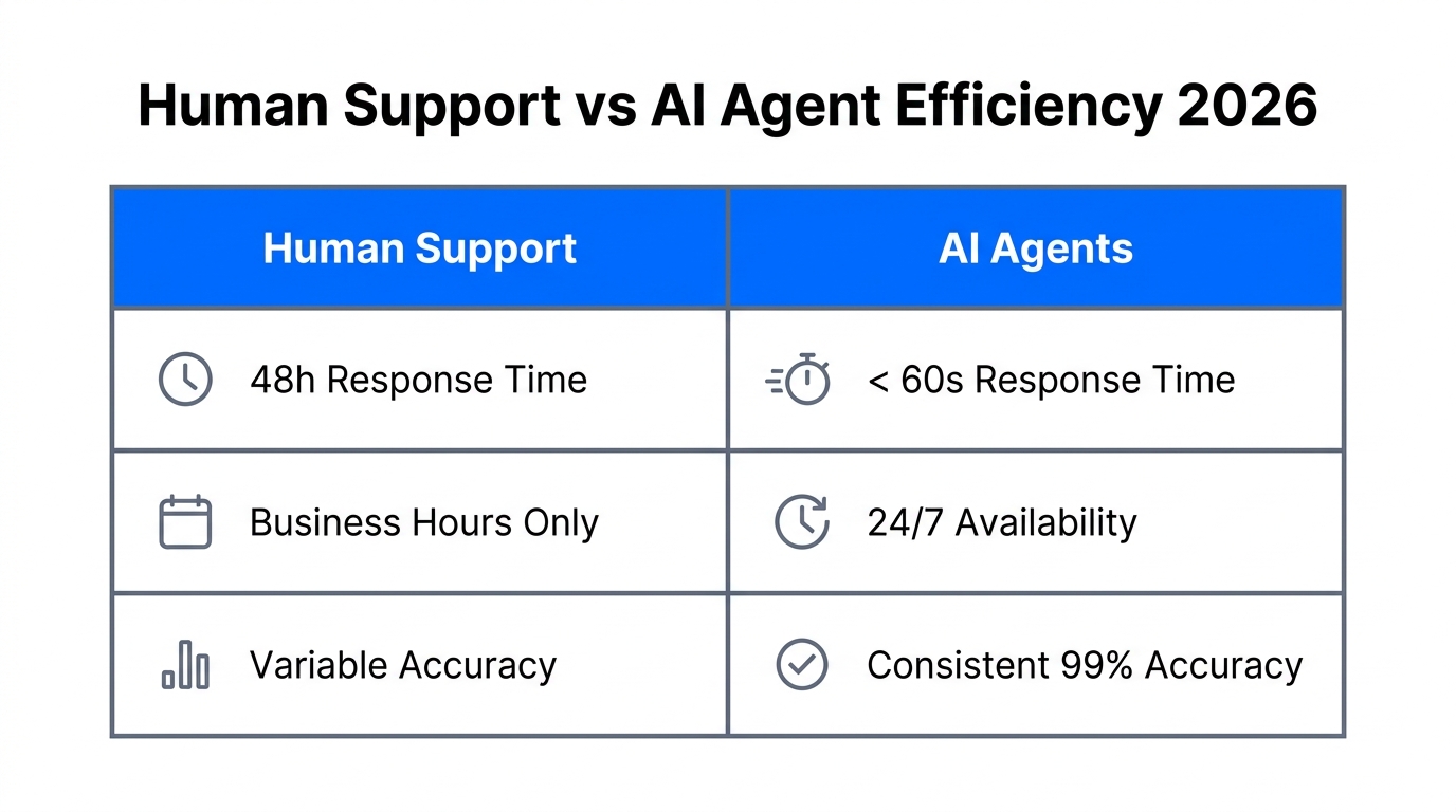 Comparison of manual support limitations versus automated AI agent performance.