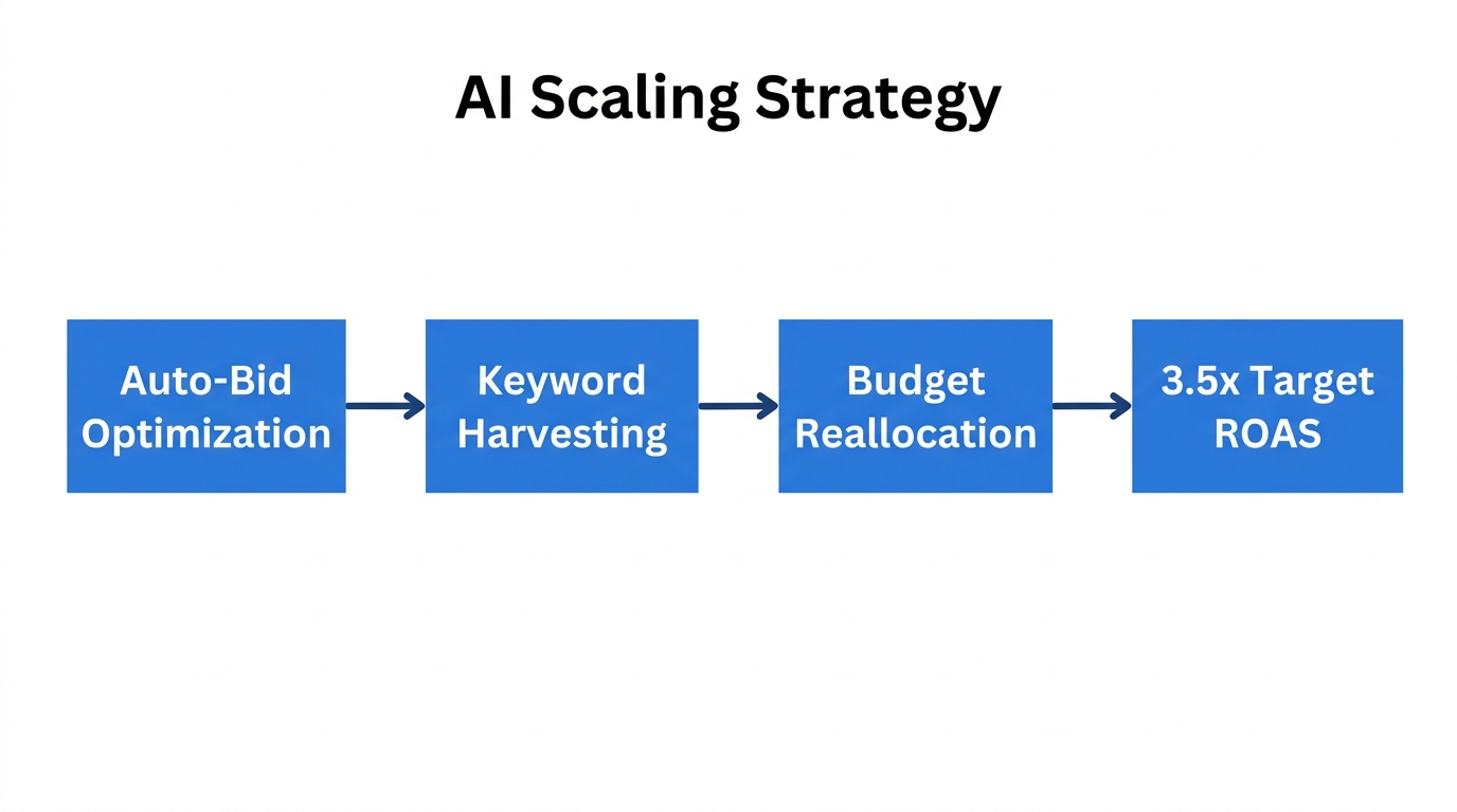 Workflow for scaling advertising margins using AI-driven automation.