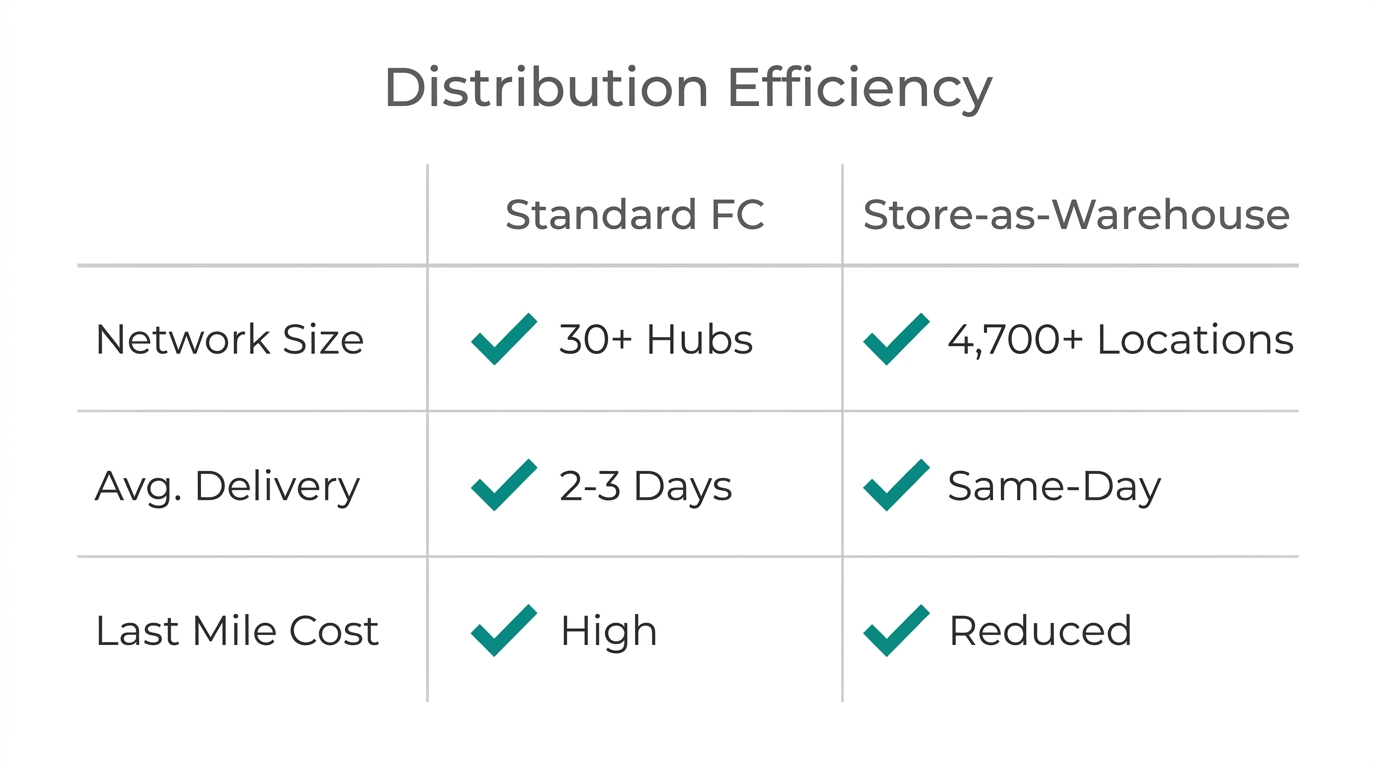 Comparison of traditional fulfillment centers versus the store-as-warehouse model.