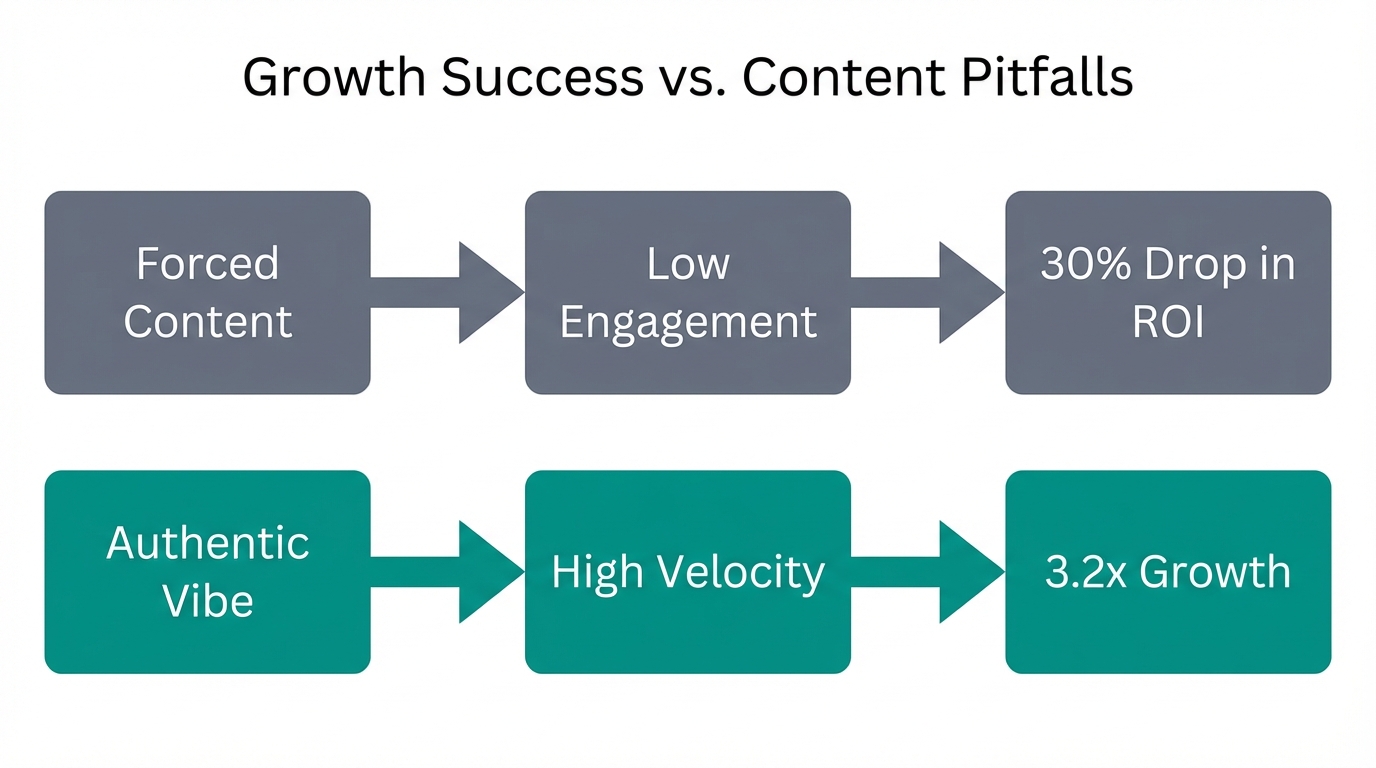 Flowchart showing the results of authentic vibe strategy vs common pitfalls.