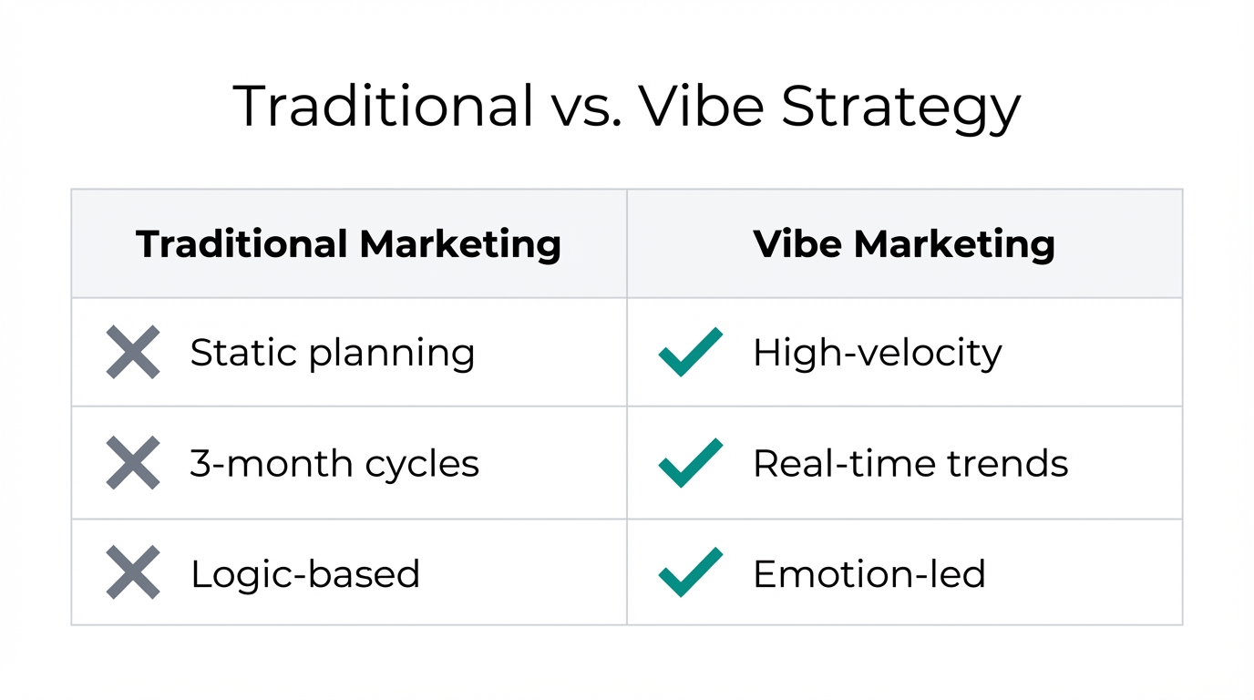 Comparing legacy marketing methods with high-velocity vibe strategies.