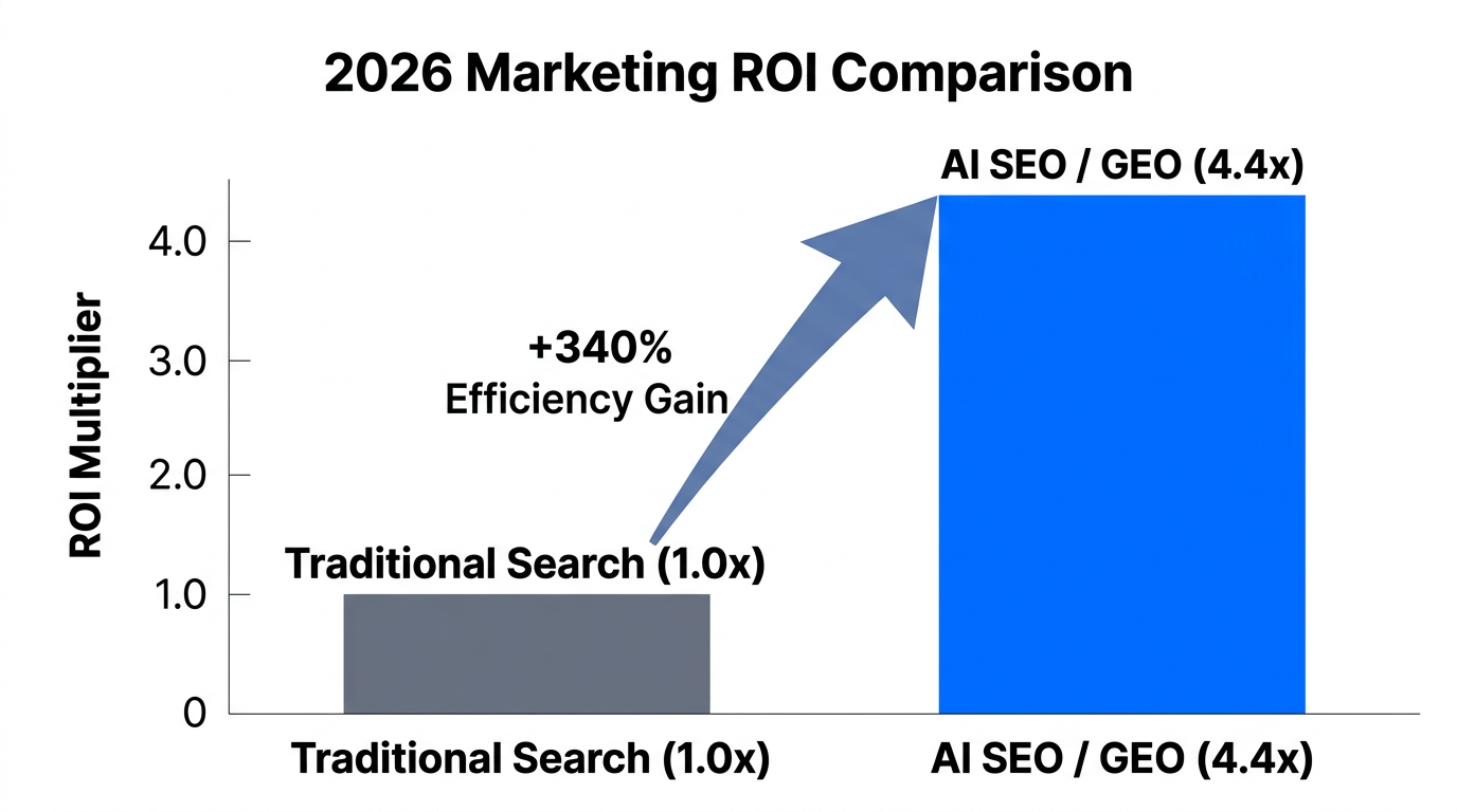 ROI comparison showing the 4.4x superiority of AI SEO over traditional search.