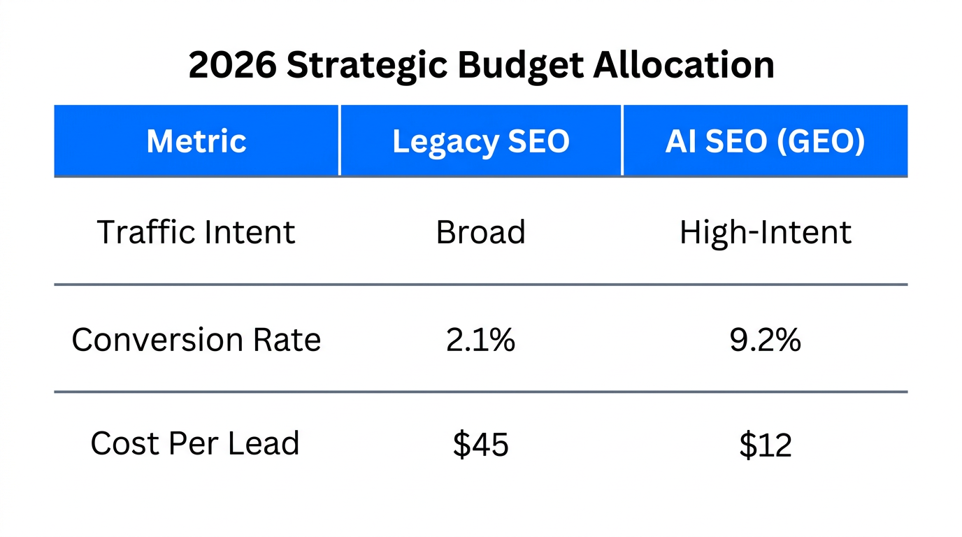 Comparative analysis of budget efficiency between legacy search and AI SEO.