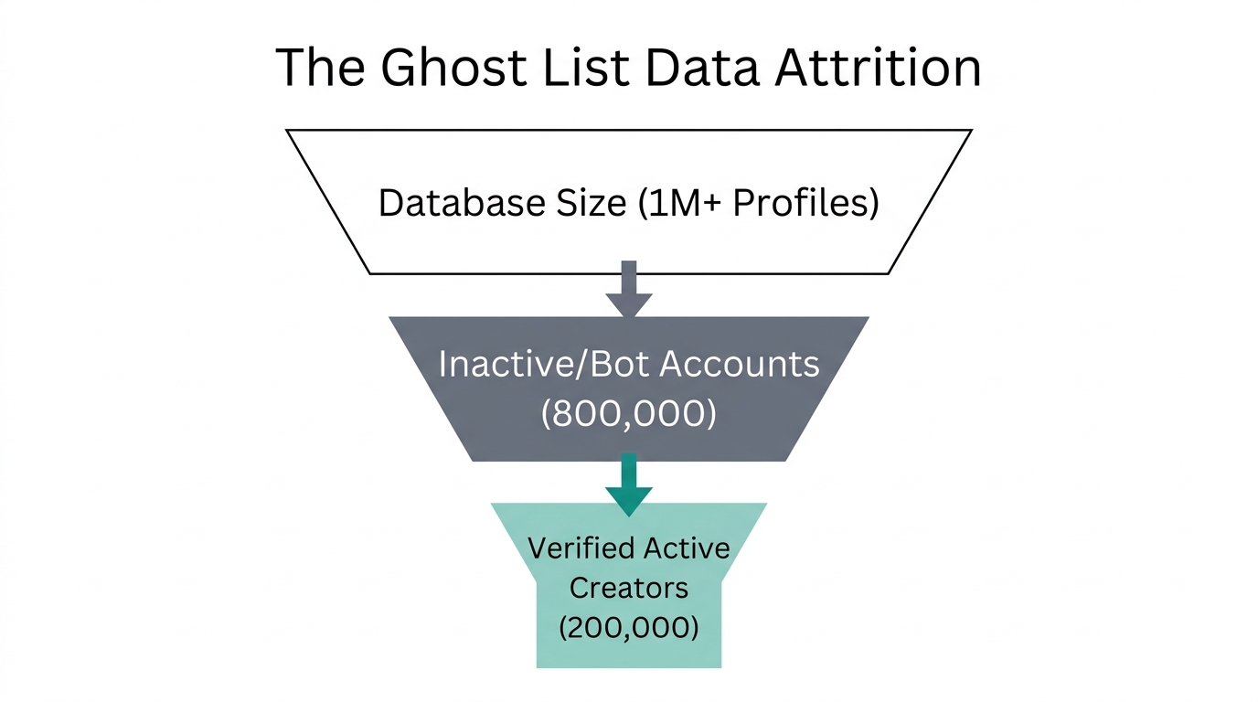 The attrition from massive databases to actual usable influencer leads.