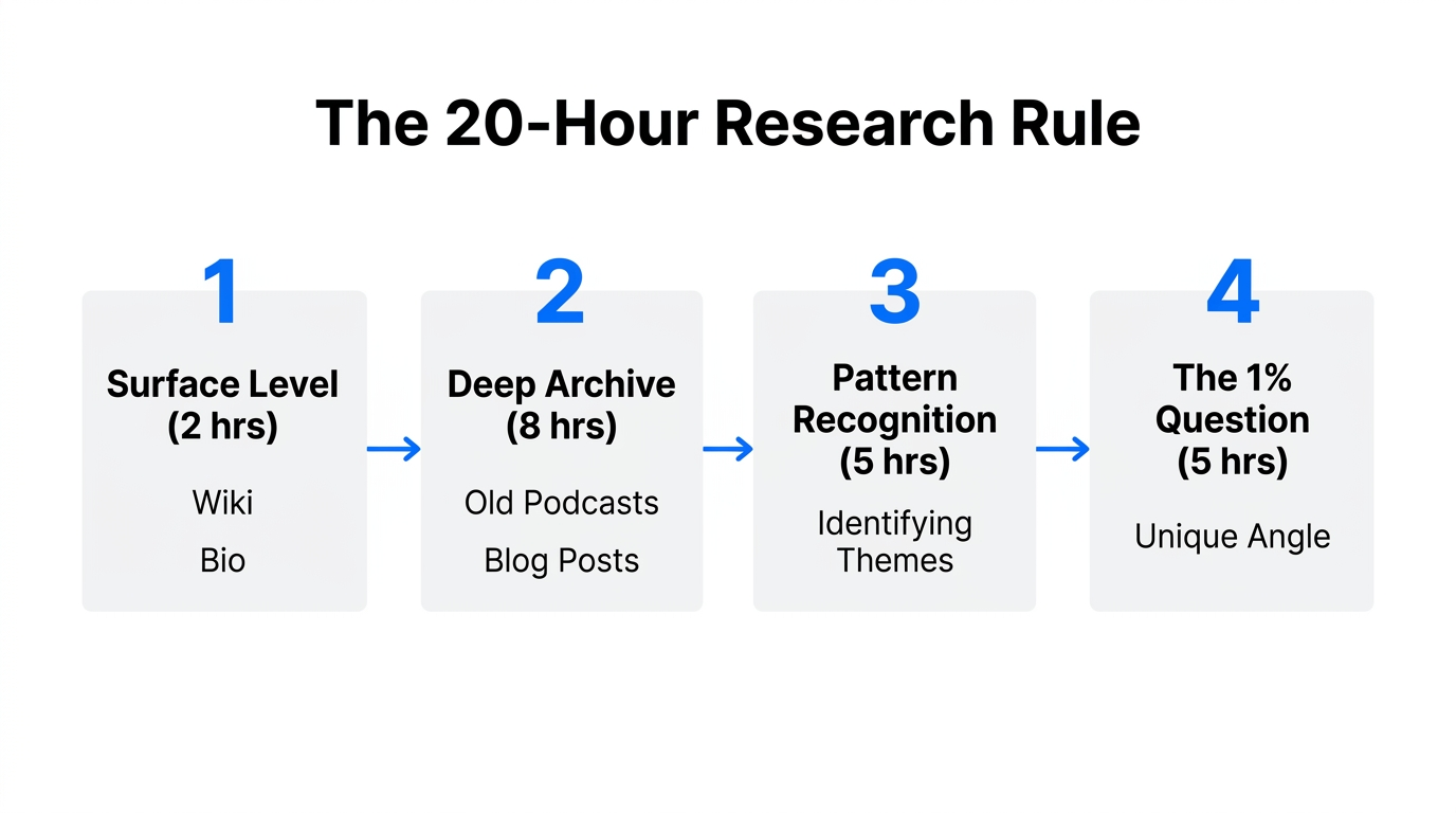 Step-by-step breakdown of the 20-hour deep research workflow.