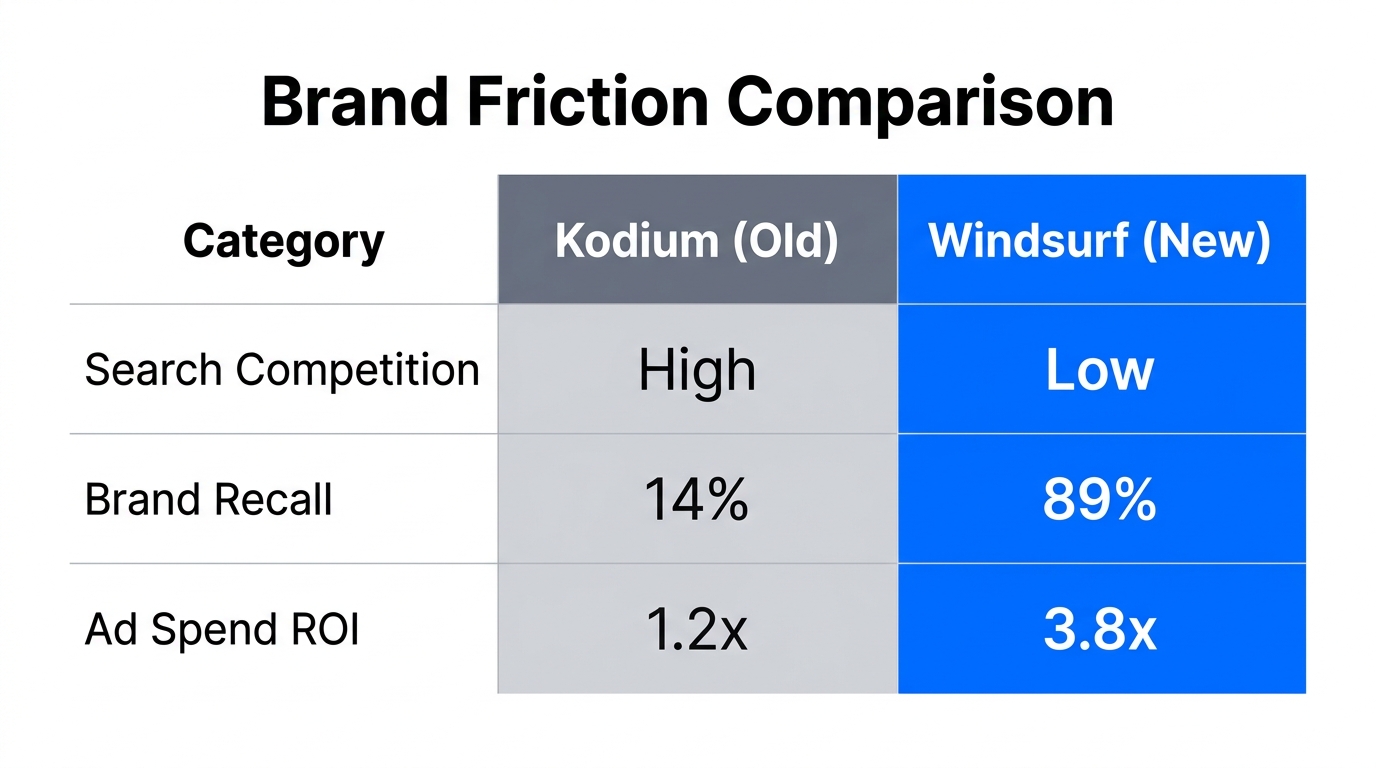 Comparison of SEO and brand performance metrics for Kodium vs Windsurf.