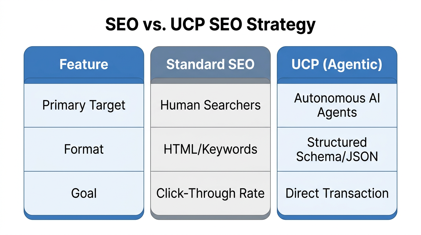 Comparison of traditional search engine optimization versus UCP for AI agents.