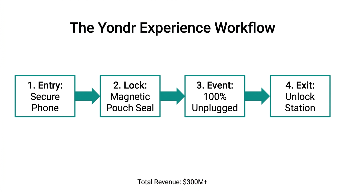 Step-by-step operational flow of the Yondr phone-free system.