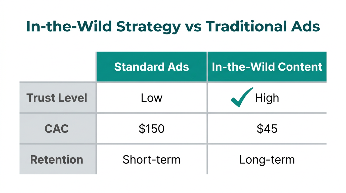 Comparison of traditional advertising versus the in-the-wild content strategy.