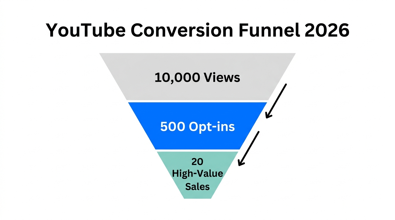 Conversion funnel mapping YouTube views to lead magnet signups.