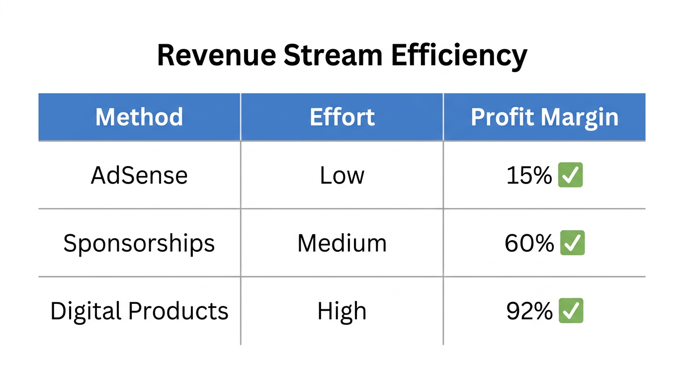 Comparison of YouTube monetization methods by effort and margin.