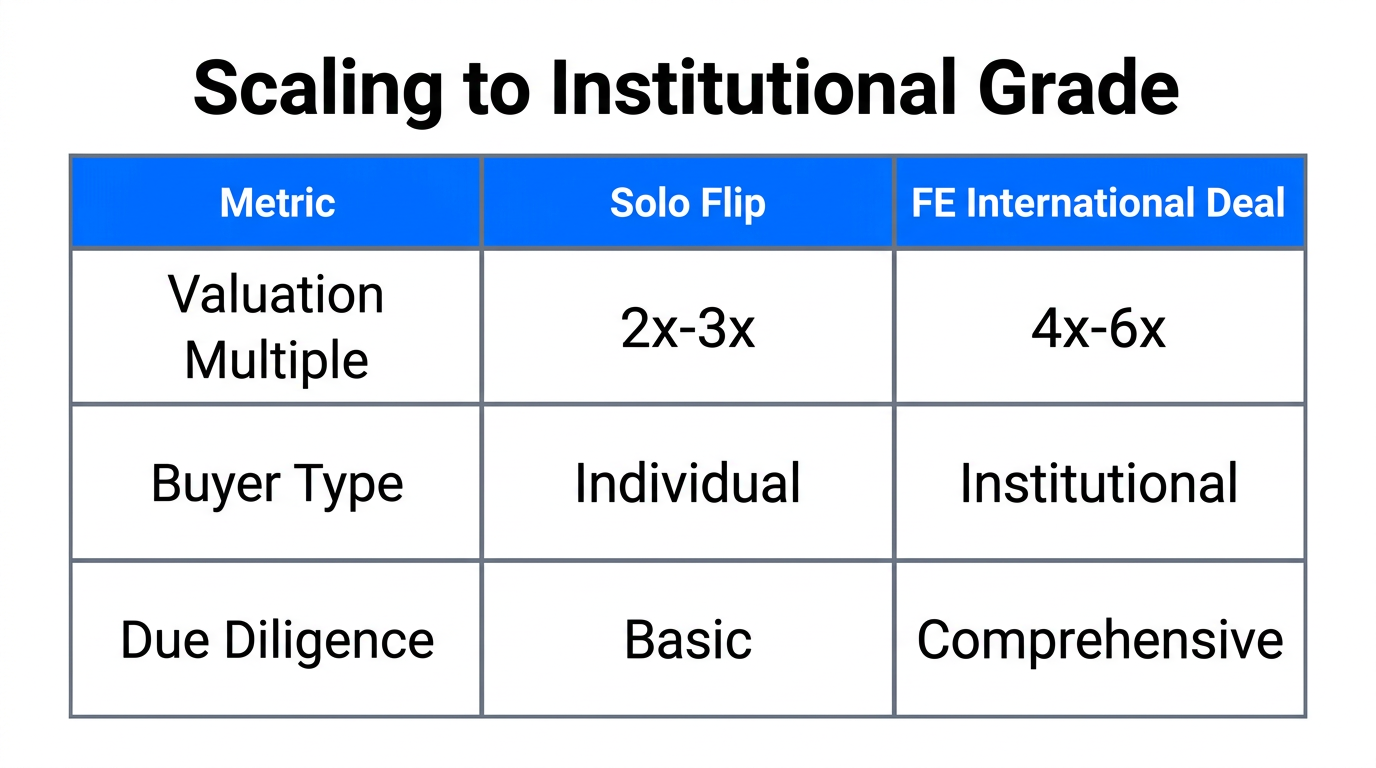 Comparison of valuation metrics between solo flips and institutional deals.